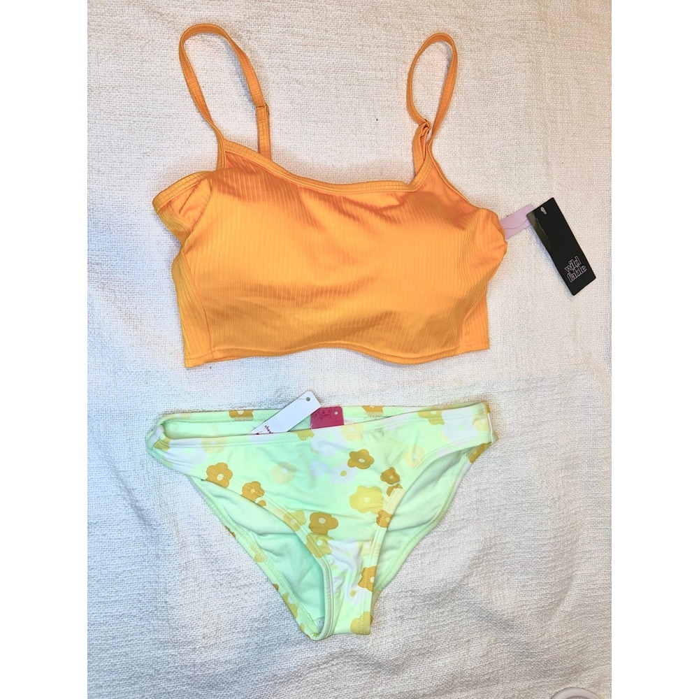 Swim Set - Bikini Top Ribbed Longline Bralett & flowery Cheeky Bikini Bottom